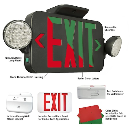 Compass LED Exit Sign / Emergency Light Combo, Field Select Red/Green, CCRGB CCRGB